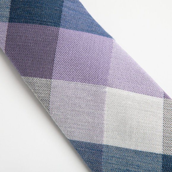 Blue Purple Narrow Check Print Silk Tie - Picture 2 of 5